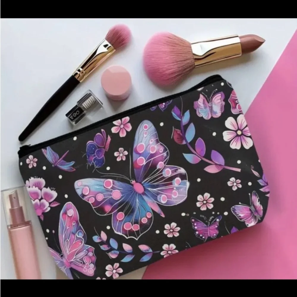 New! Polyester Lightweight Butterfly Design Cosmetic Pouch with Zipper Closure.